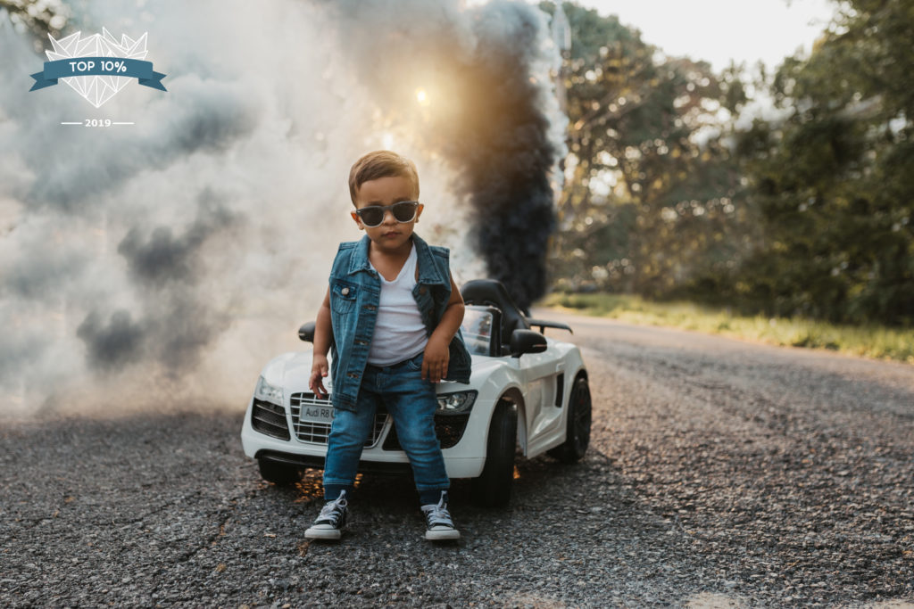 toddler boy with car photo session in Tampa Bay